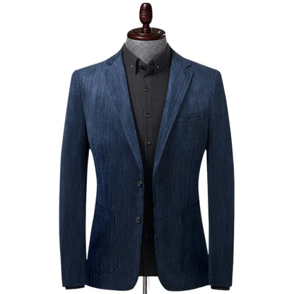 KIDWHXR Suit Coat Man Vintage Striped Single-breasted Male Blazer British Style Long Sleeve Pocket Slim Casual Men Outerwear