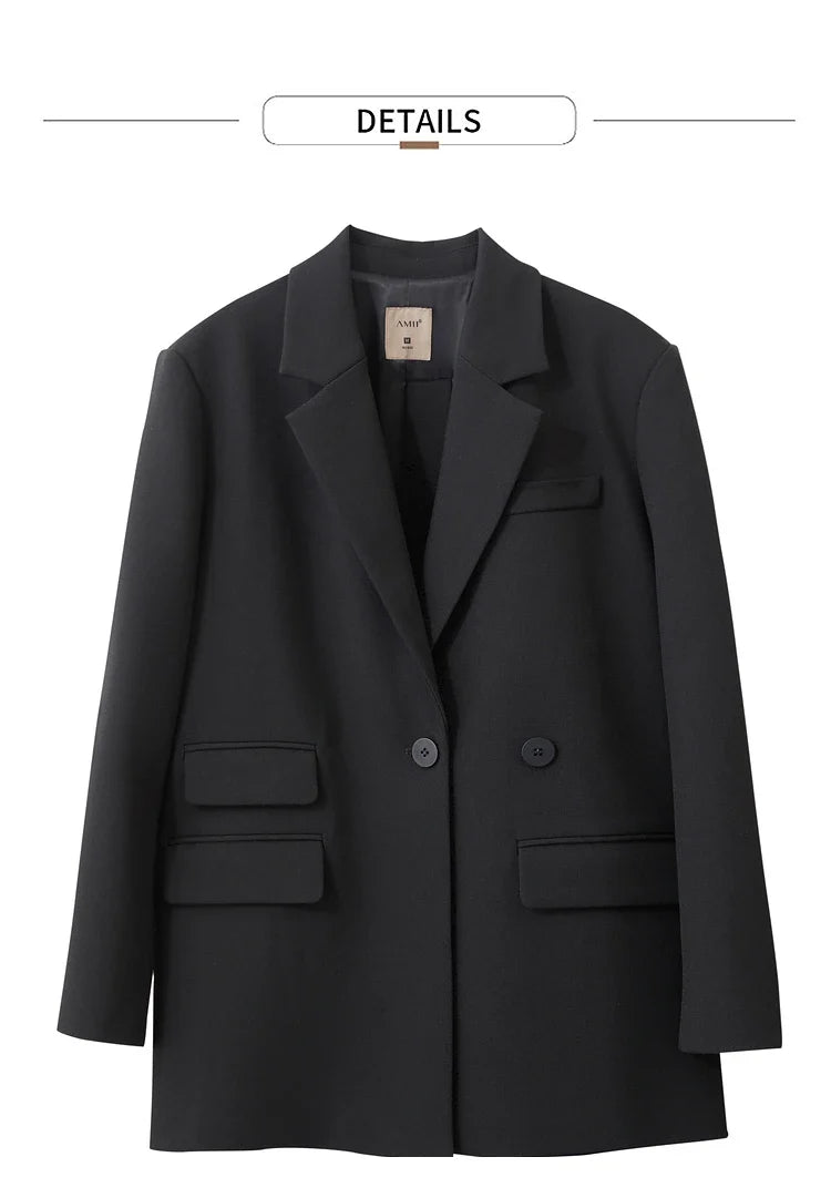 Blazers For Women 2026 Autumn New Black Jacket Notched Double Buckle Loose Mid-length Office Lady Versatile Jackets12453040