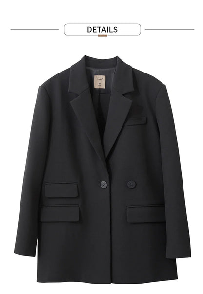 Blazers For Women 2026 Autumn New Black Jacket Notched Double Buckle Loose Mid-length Office Lady Versatile Jackets12453040