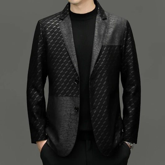 Men's Sheepskin Leather Blazer – Patchwork Smart Casual Suit Jacket