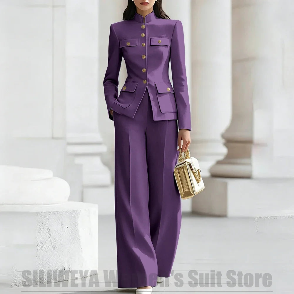 Women's Ivory Suit Mandarin Collar 2 Piece Military Style Gold Buttons Blazer Wide Leg Pants Wedding Party Prom Lady Suits