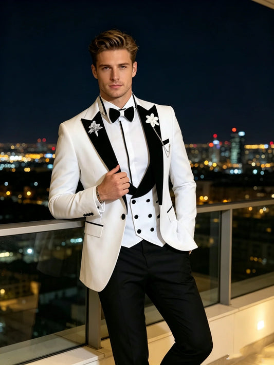 High Quality White 3 Piece Men's Suit Slim Fit Elegant Blazer Vest Pants Set for Business Office Wedding Dinner Prom Formal Outf