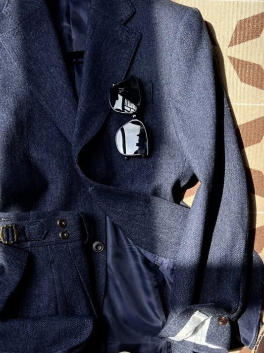 British Retro Single-Breasted Men Suits Handmade Solid Color Pockets Two Piece Set High Quality Male Long Sleeves Outfits