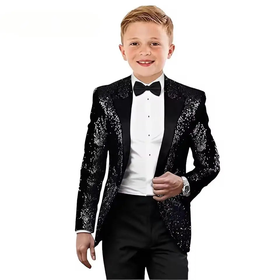 Kids Tuxedo Suits for Boys Gold Sequin Slim Fit Dress Clothes Formal 2 Piece Prom Party Shiny Tuxedo Blazer Pants