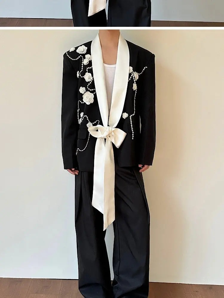 2026 Spring New Fashion Elegant Temperament Ribbon Decorate Blazer Coat Men's Handsome Luxury Casual Male Clothes JY5386