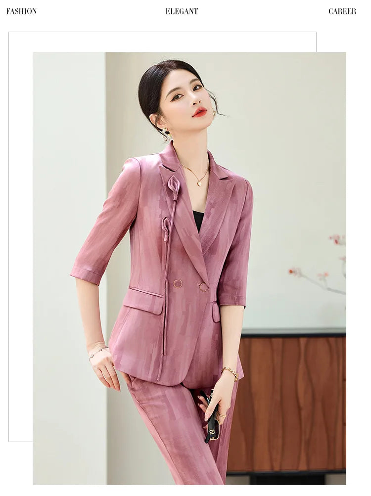 Spring Ladies Pant Suit Women Pink Wine Red Female Business Work Wear Half Sleeve Jacket and Trouser Formal 2 Piece Set Blazer