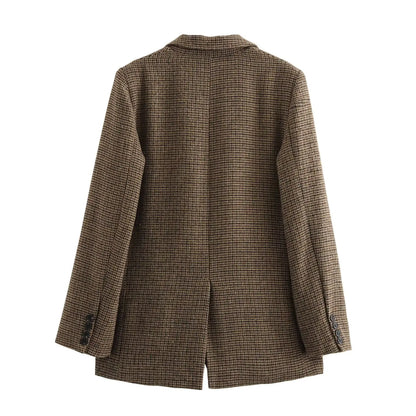 Women's Brown Plaid Blazer Jacket Y2k Harajuku 2000s Vintage Long Sleeve Single Breasted Suit Coat Oversize Outerwear Autum 2025