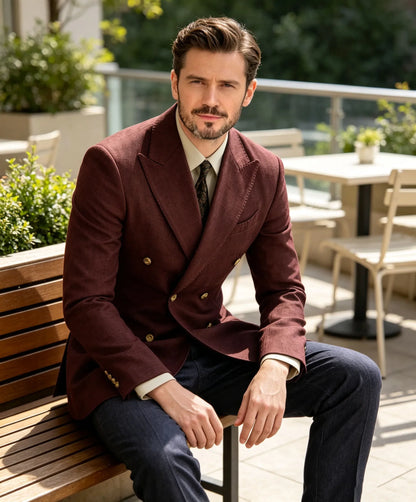 Burgundy Linen Blend Double Breasted Men's Blazer Peak Lapel Slim Fit Tailored Formal Men Suit Jacket For Wedding Groom Business