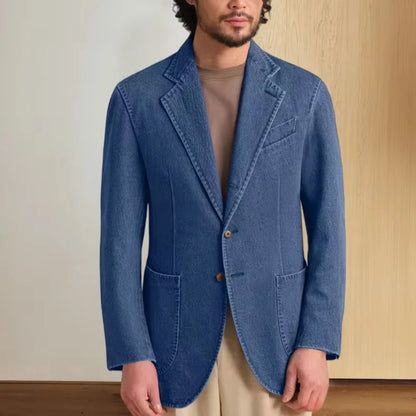 Men's Stretch Denim Blazer Classic Fit Notch Lapel 2 Button Suit Jacket Soft Breathable Business Casual Sport Coat For Spring