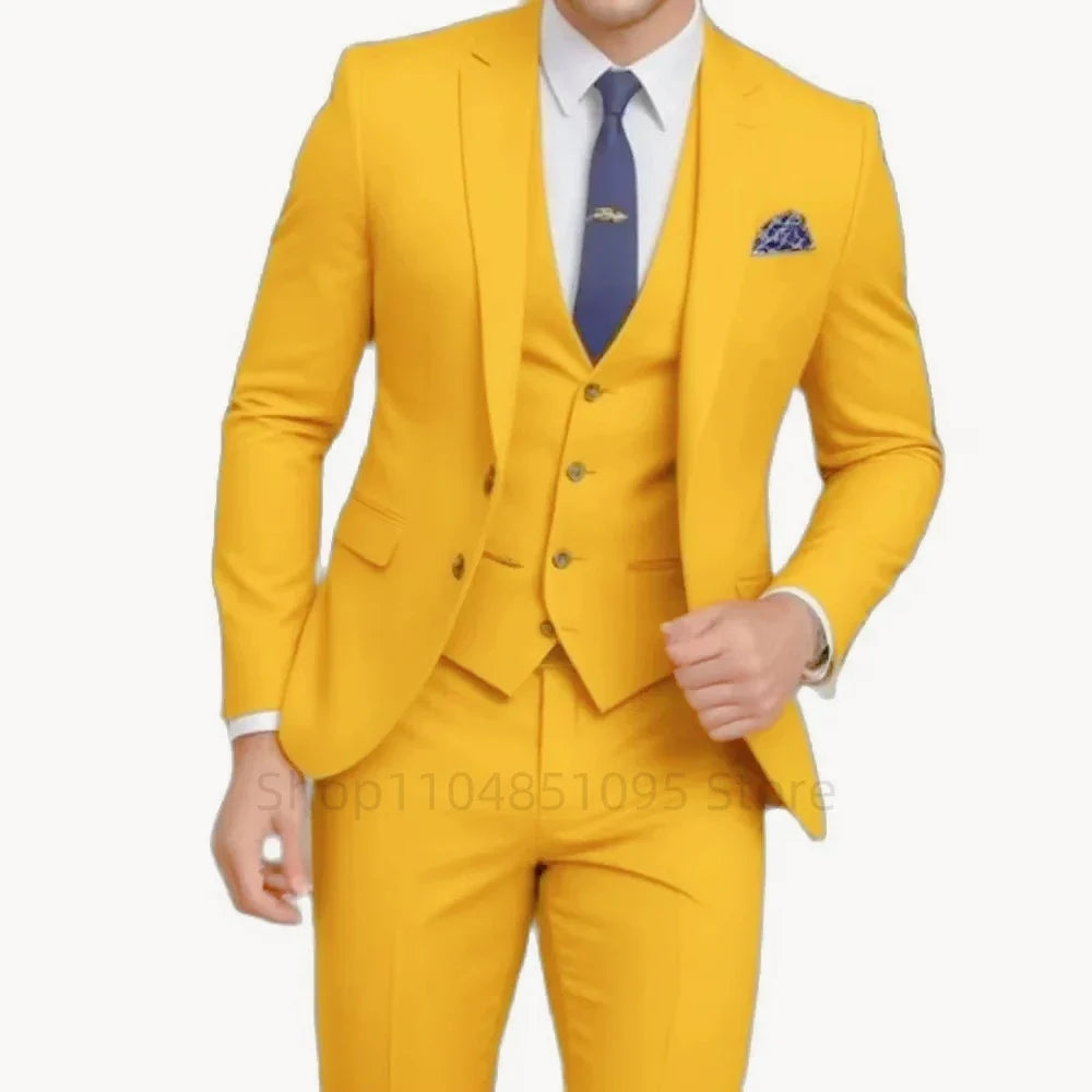 Costumes d'affaires jaunes pour hommes, revers cranté, deux boutons, blazer, tuxedos de marié, ensemble 3 pièces, veste, gilet, pantalon pour fête