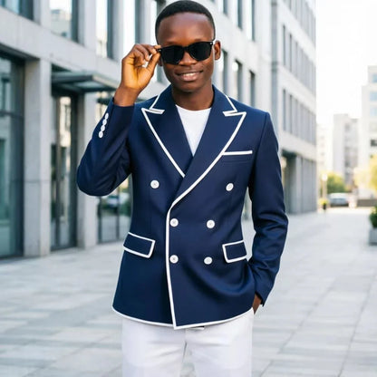 Men Navy Blue Double Breasted 1 Piece Jacket Slim Fit Wedding White Contrast Trim Peak Lapel Formal Groom Prom Office Business