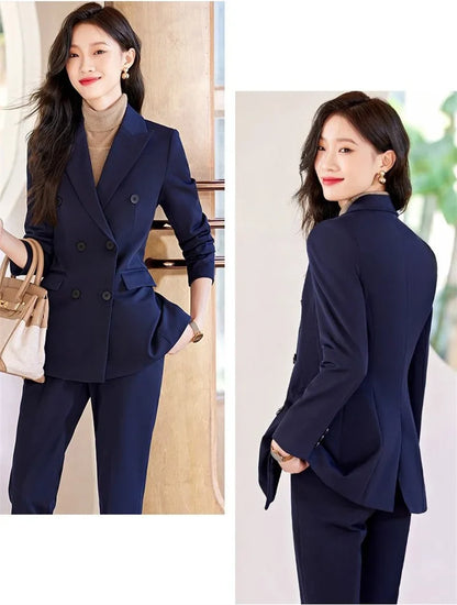 2025 Button Decoration Formal Jacket Blazer and Trouser 2 Piece Set Fashion Pink Green Black Ladies Work Wear Pant Suit Women