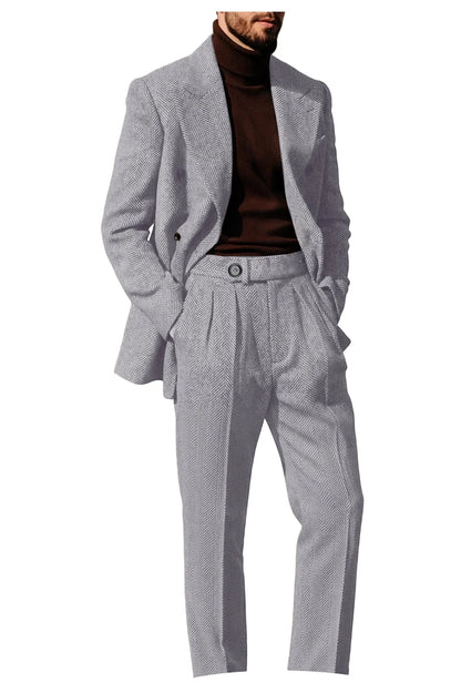 Men's Herringbone Suit 2-Piece Set – Double Breasted Blazer & Trousers for Wedding & Business