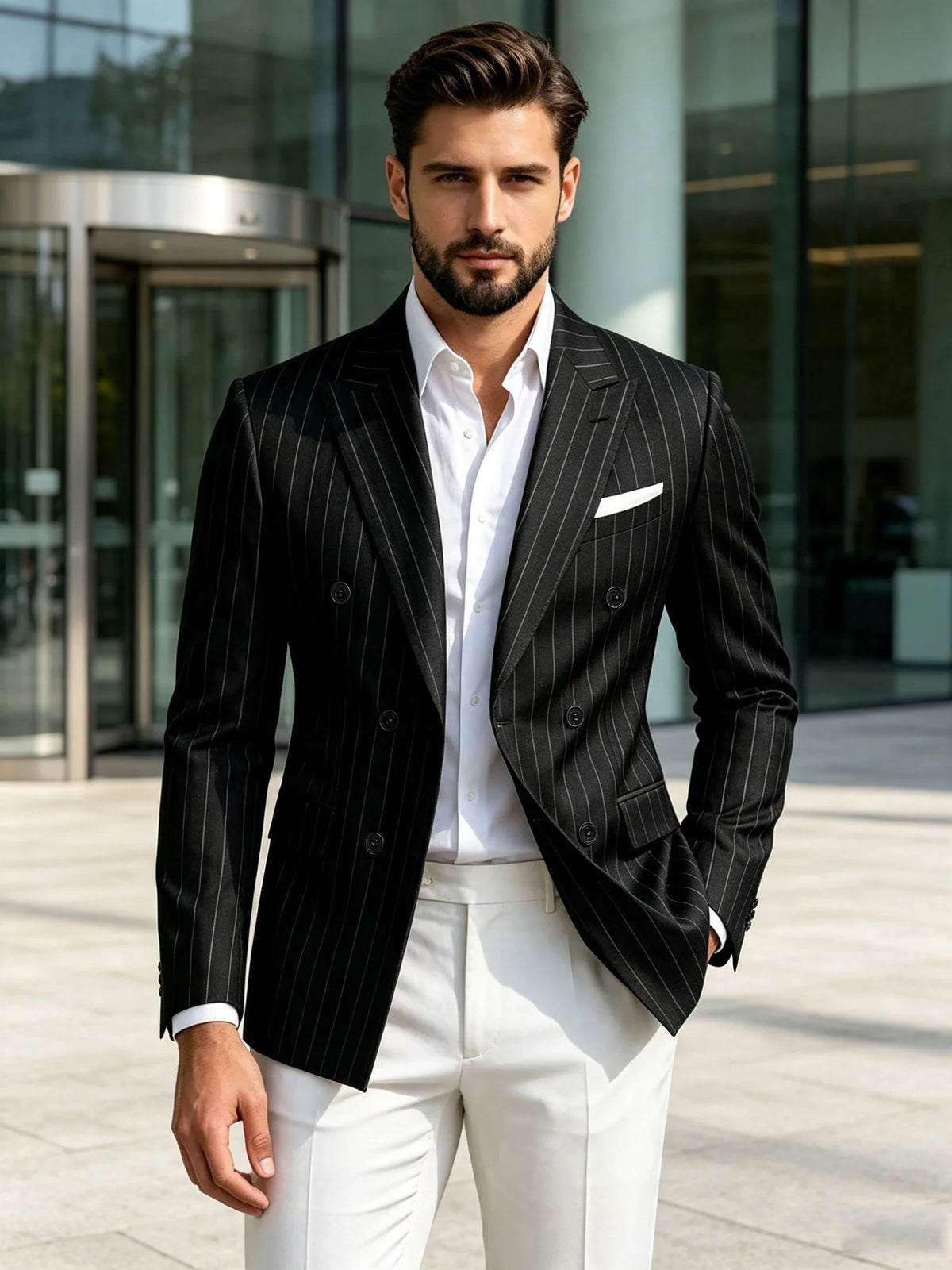 Men Striped Double Breasted Suit Jacket Notch Lapel Business Slim Fit Formal Blazer Elegant Lightweight Dress Coat For Prom Work