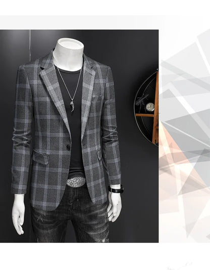 2025 Slim Fit Men's Casual Suit Handsome Fashion Plaid Blazer Polyester Business Wedding High-Quality Male Attire