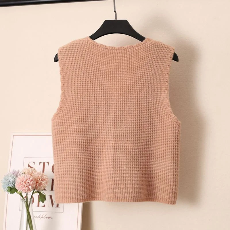 Women Knitted Tank Top Autumn New Sweet And Fresh Short Loose Sleeveless Sweater Cardigan Women's Knitted Vest