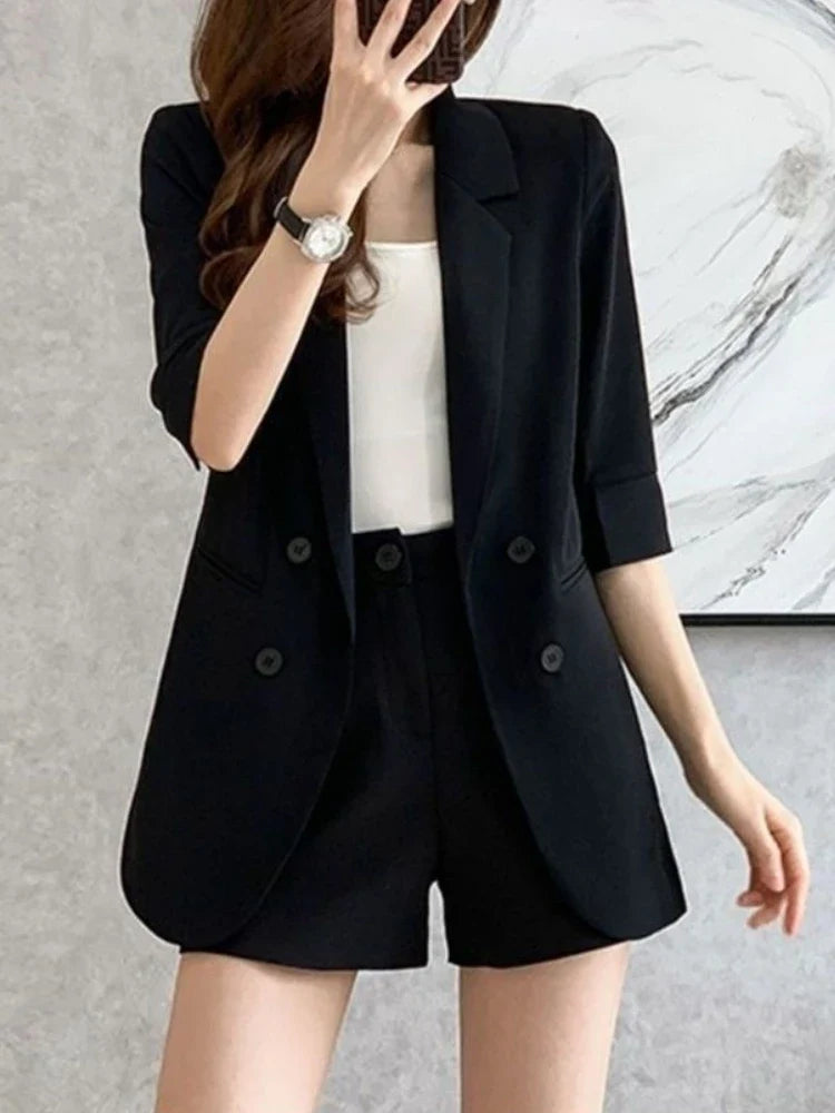 Elegant Double-breasted Women's Blazer Summer Autumn Half Sleeve Office Coat Fashionable Casual Loose Fit Businesswear