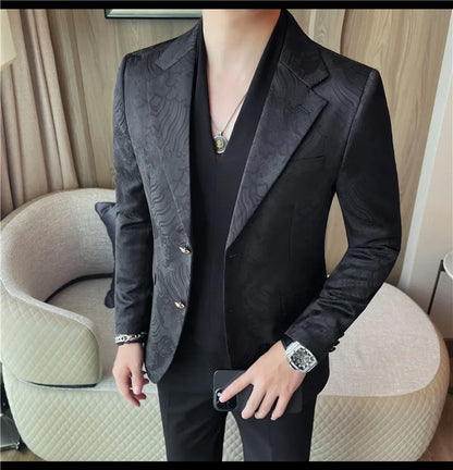 Luxury Jacquard Casual Suit Jacket for Men Autumn Korean Fashion Business Social Blazers Handsome Office Wedding Dress Jacket