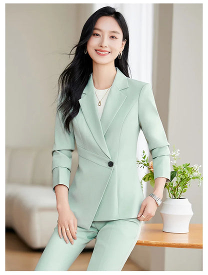 Elegant Green Apricot Black Ladies Pant Suit Women Female Business Work Wear Jacket and Trouser Blazer 2 Piece Set