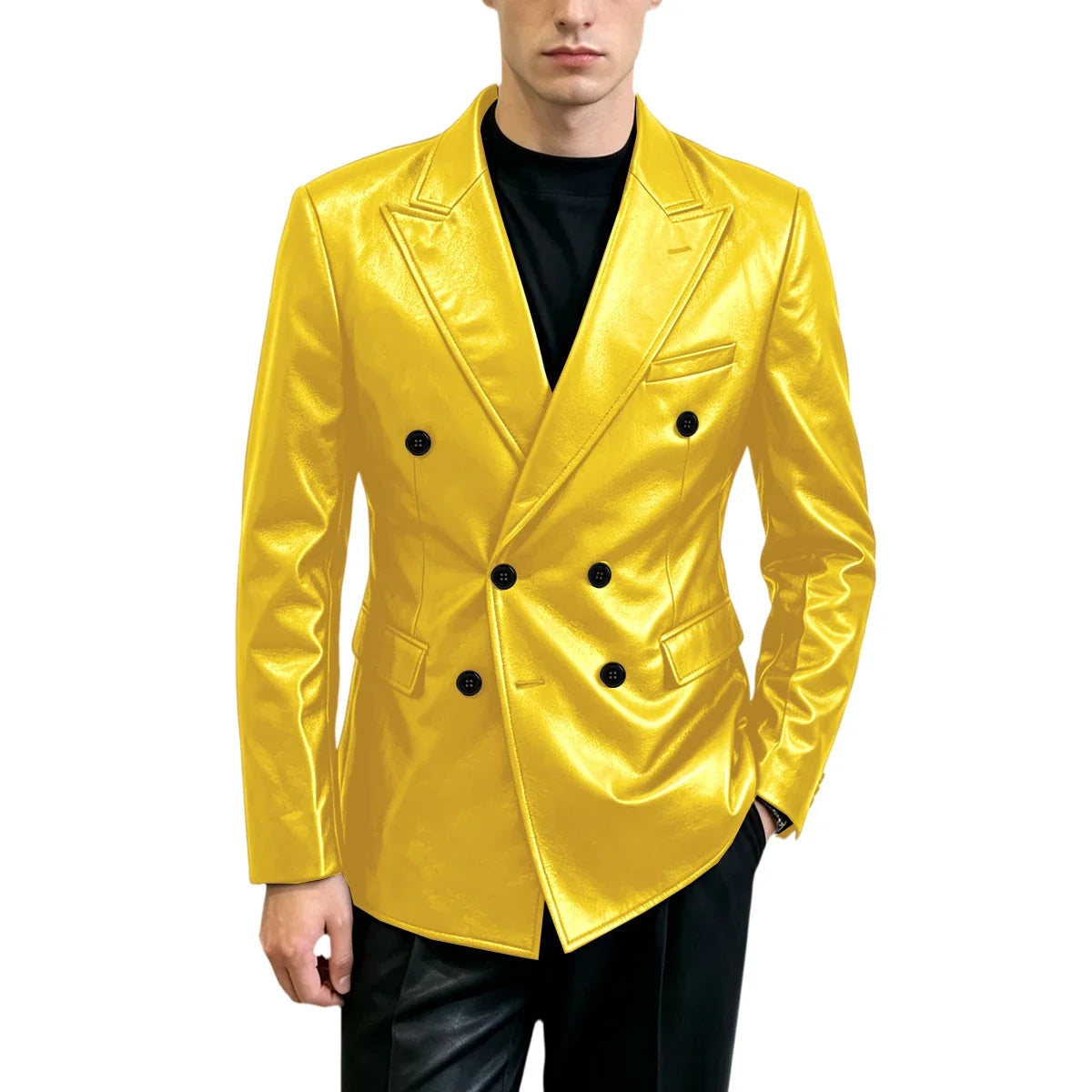 Vintage Men's Brown Leather Blazer Double Breasted Peak Lapel Slim Fit Suit Jacket High Quality Fashion Sport Coat Business Casu