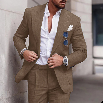 Men's 2-Piece Linen Suit – Slim Fit Notch Lapel Blazer & Trousers for Wedding, Business & Formal Occasions