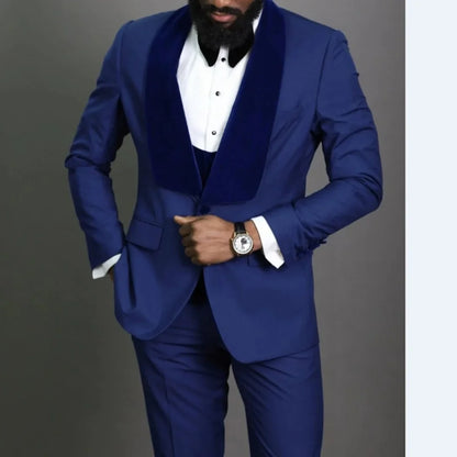Royal Blue Slim Fit Groom Tuxedo 3-Piece Set with Velvet Shawl Lapel Formal Men's Suit for Wedding African Fashion