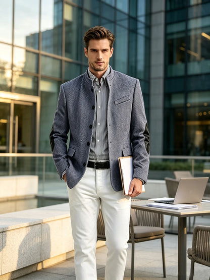 Vintage Men's Mandarin Collar Herringbone Tweed Blazer with Leather Elbow Patch Wool Blend Business Casual Slim Fit Suit Jackets