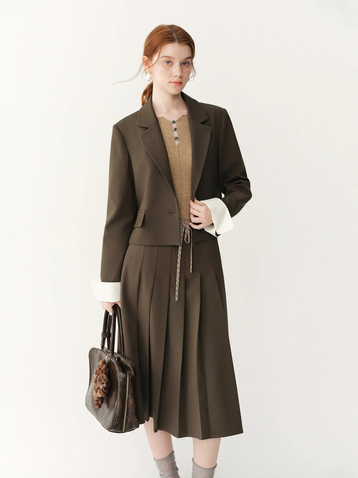 FSLE 2026 Fall Women's Korean-Inspired Petite Cropped Camel Acetate Lyocell Blend Blazer - Chic Office Commute Outerwear