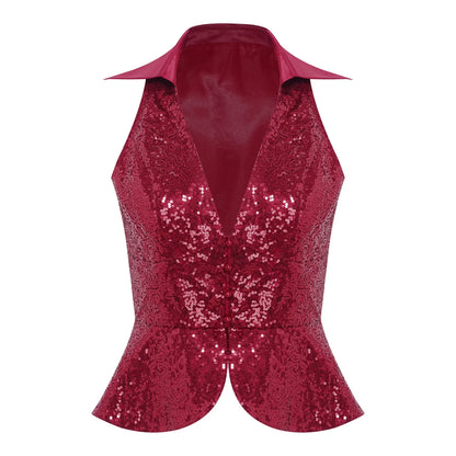 Women Shiny Sequin Vest Lapel Sleeveless Glitter Suits Waistcoat Top Rave Music Festival Jazz Dance Party Banquet Night Clubwear