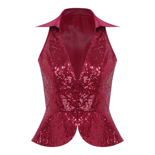 Womens Sequin Vest Lapel Sparkly Cosutme Sleeveless Vests Nightclub Jazz Dance Party Dressy Tops Rave Music Festival Waistcoat