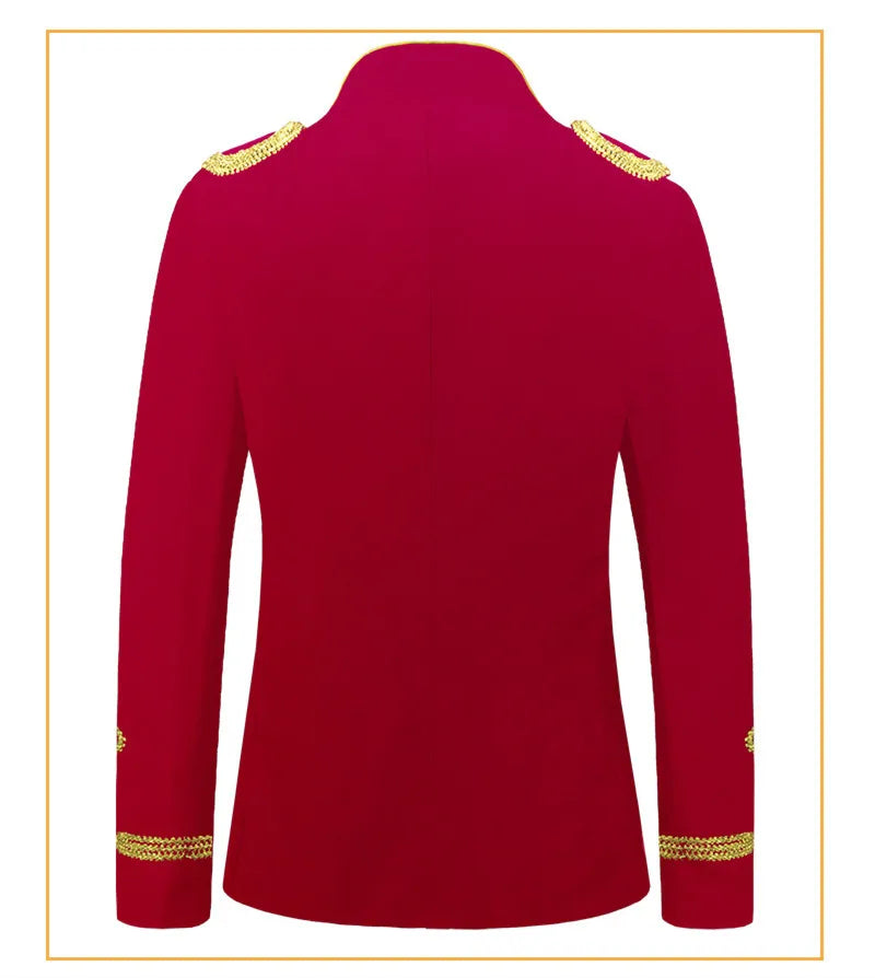 Men's European Style Stand Collar Zipper Blazer Golden Rope Detail Cosplay Middle Ages Tuxedo for Stage Performances And Parties