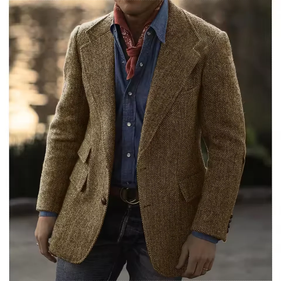 Men's Herringbone Tweed Blazer – Wool Blend, Classic British Style, Business & Wedding