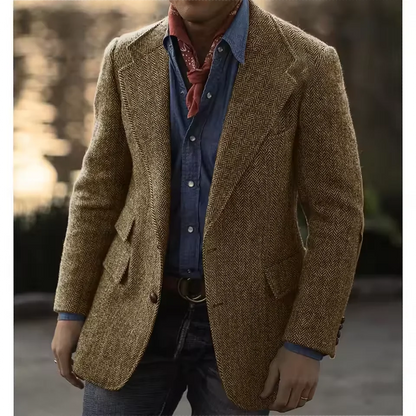 Men's Herringbone Tweed Blazer – Wool Blend, Classic British Style, Business & Wedding