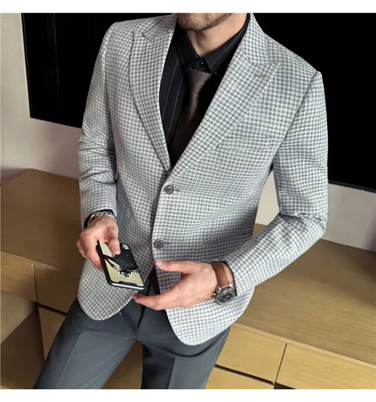 Men's Smart Casual Blazer – Vintage Coin Check Pattern – Brown & White Grey – Shopping & Office Wear