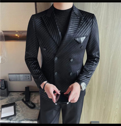 British Style Double Breasted Suit Jacket Men Striped Casual Business Blazers High Quality Wedding Social Banquet Dress Coats