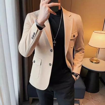 Men's High-Quality Tweed Suit Jacket 2024 Fashion Handsome Winter Thick Solid Color Business Casual Versatile