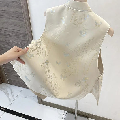 Spring Autumn Chinese Style Sleeveless Vest Coat For Women Stand Collar Jacquard Waistcoat Spring Summer Thin Lined Tank Tops