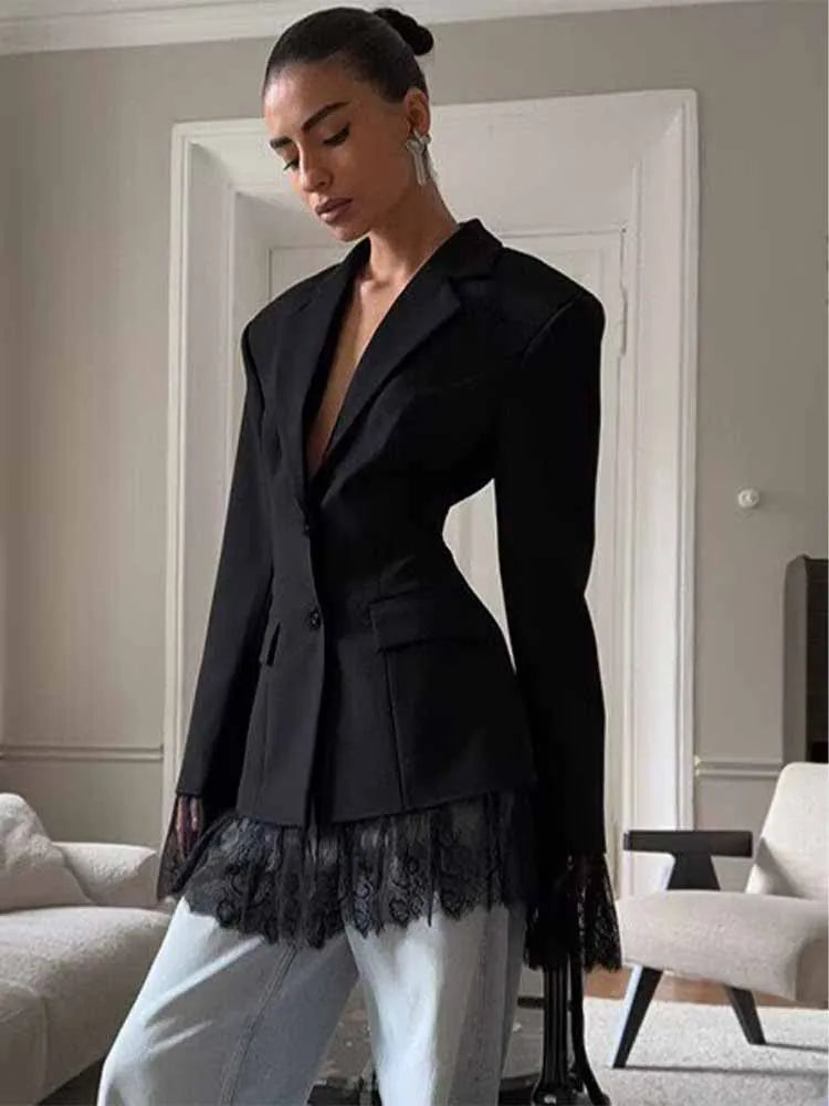 Woman Early Spring Fashion Long Sleeves Single Breasted Lace Patchwork Decoration Blazer Female Casual Slim Commuting Coat