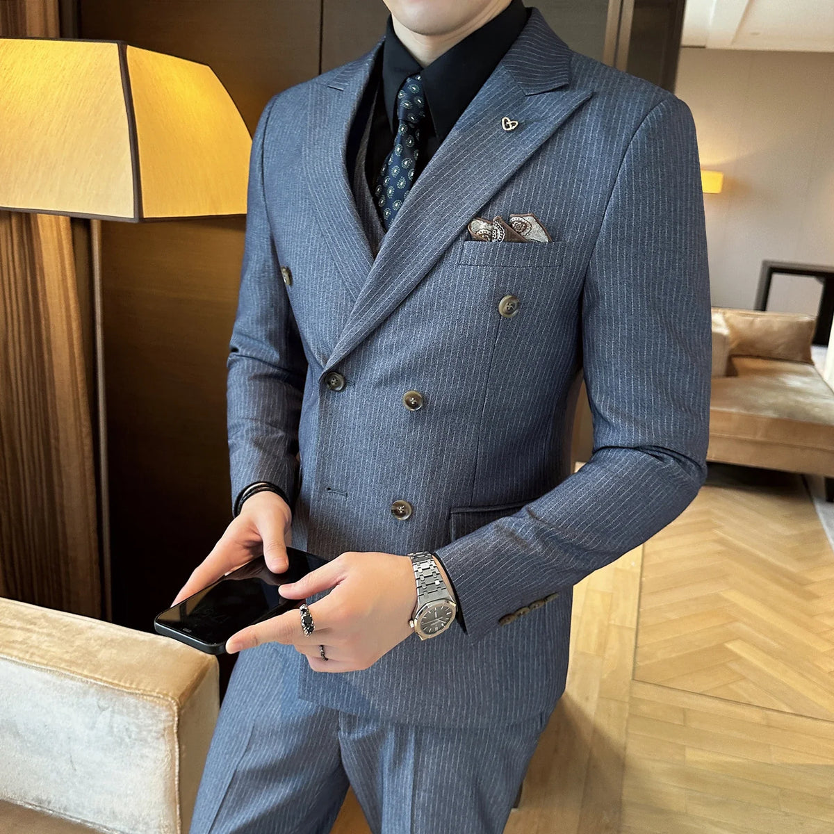 Men's Double Breasted Three Piece Wedding Suit – Slim Fit Smart Casual