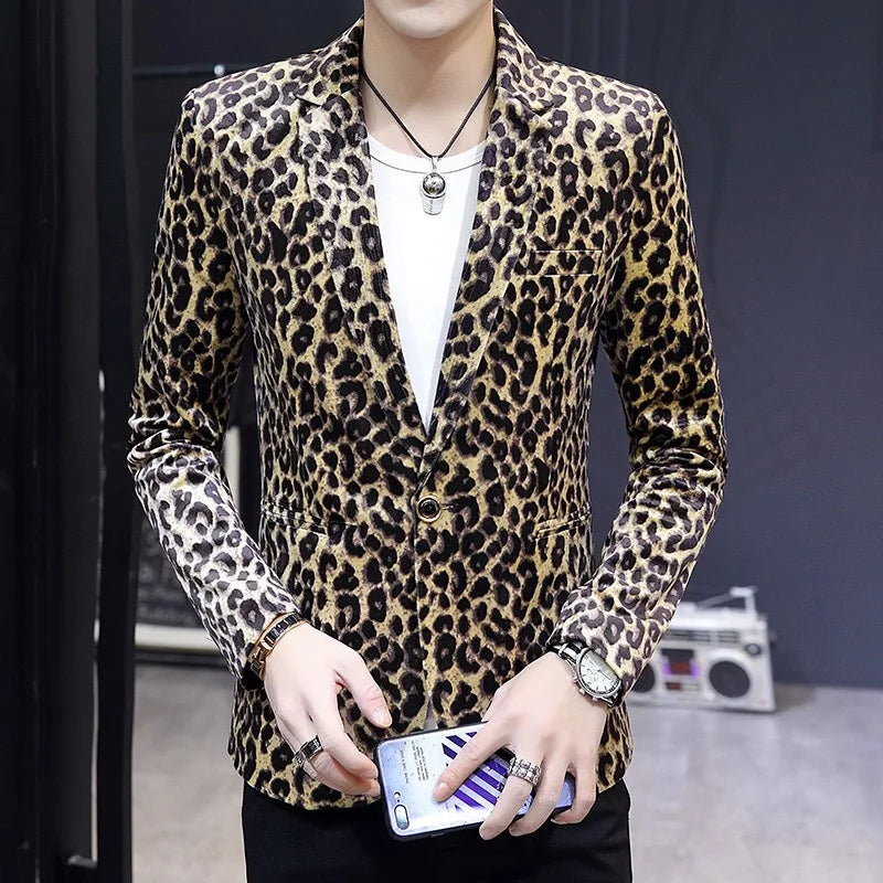 KIDWHXR Suit Coat Man Vintage Fashion Leopard Print Long Sleeve Male Blazer Slim Single-breasted Casual Versatile Man Outerwear
