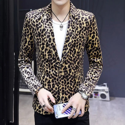 KIDWHXR Suit Coat Man Vintage Fashion Leopard Print Long Sleeve Male Blazer Slim Single-breasted Casual Versatile Man Outerwear