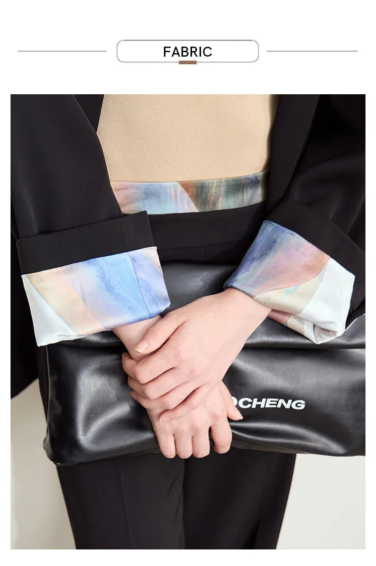 Minimalism Women Tailored Coat 2024 Autumn New Office Lady Lapel Collar Print Patchwork Mid-length Loose Blazer 12443016