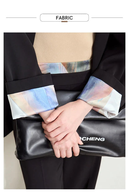Minimalism Women Tailored Coat 2024 Autumn New Office Lady Lapel Collar Print Patchwork Mid-length Loose Blazer 12443016