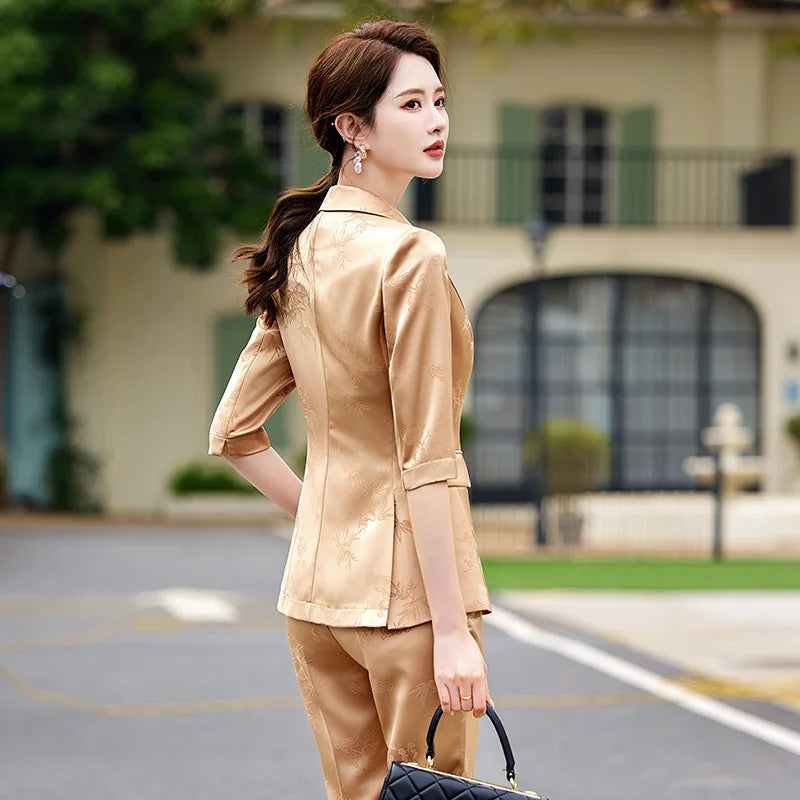 Two-piece Sets of Pants and Blazer for Women Printed Suit for Female Elegant Clothing with Acetate Yellow Khaki Spring Summer