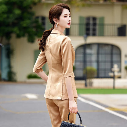 Two-piece Sets of Pants and Blazer for Women Printed Suit for Female Elegant Clothing with Acetate Yellow Khaki Spring Summer