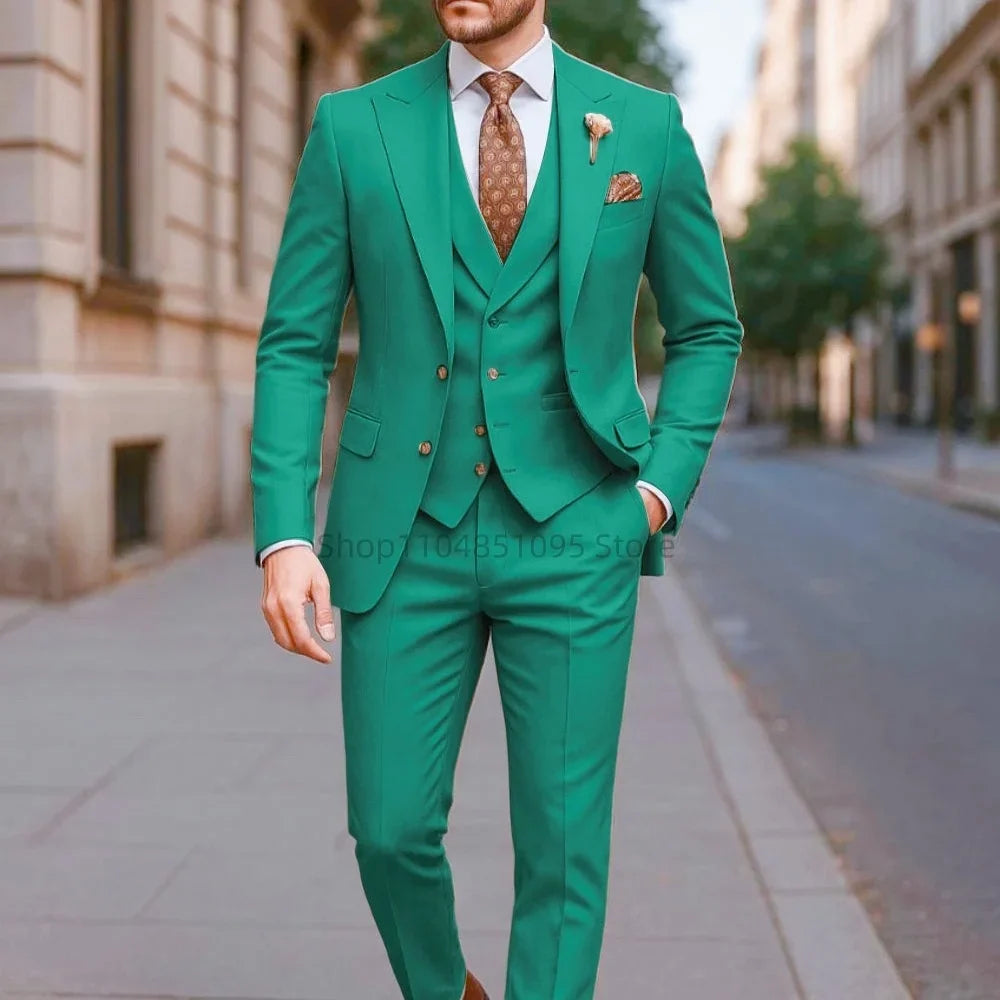 Costume de mariage formel trois pièces pour homme, avec revers crantés, veste unie, gilet et pantalon, pour soirée de bal, décontracté ou affaires
