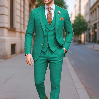 Costume de mariage formel trois pièces pour homme, avec revers crantés, veste unie, gilet et pantalon, pour soirée de bal, décontracté ou affaires