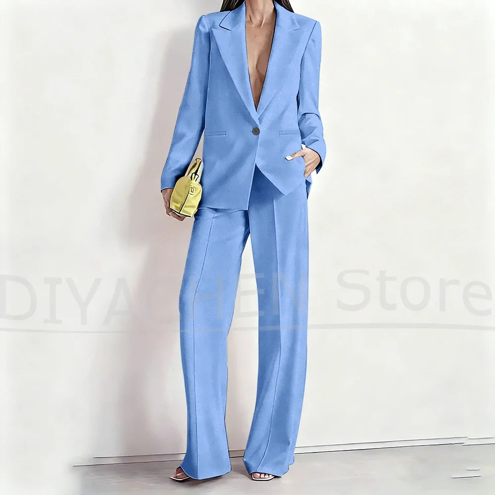Women's Suit Set Peak Lapel One Button Blazer and Wide-Leg Pants Fashion Formal Casual Party Office Stylish Pants Sets Two Piece