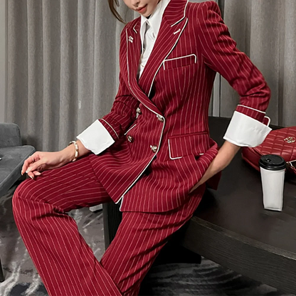 New Design Striped Suit For Women Double Breasted Peak Lapel 2 Pieces White Piping Trim Modern Style Elegant Outfit Jacket Pants