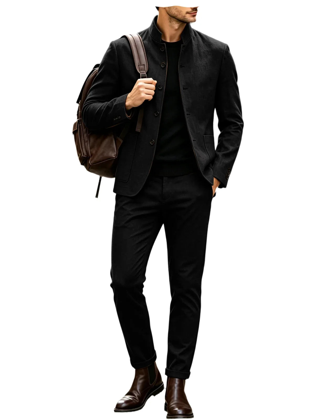 Men Stand Collar Linen Blazer Set Slim Fit 2 Pieces Jacket Pants Breathable Wrinkle‑Resistant Vintage Casual Business Outerwear